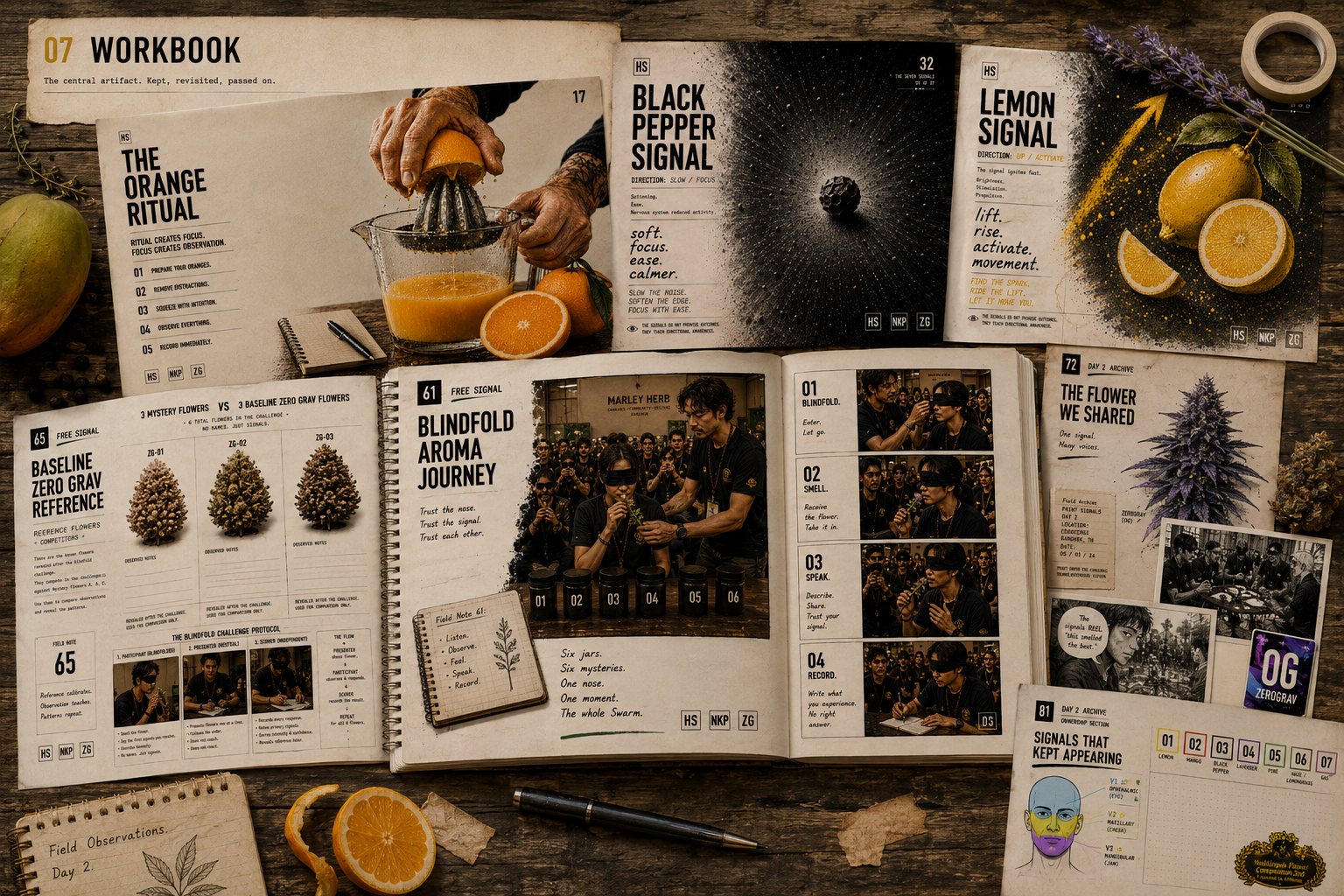 Workbook spread: Orange Ritual, Black Pepper and Lemon Signals, Blindfold Aroma Journey, and Signals That Kept Appearing pages laid out on a dark wooden desk.