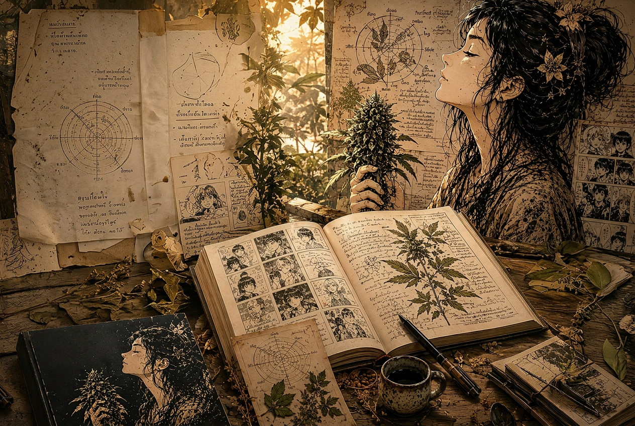 Sensory archive workbook environment: manga figure beside an open SIGNALS workbook with botanical plates, in humid Thai light.