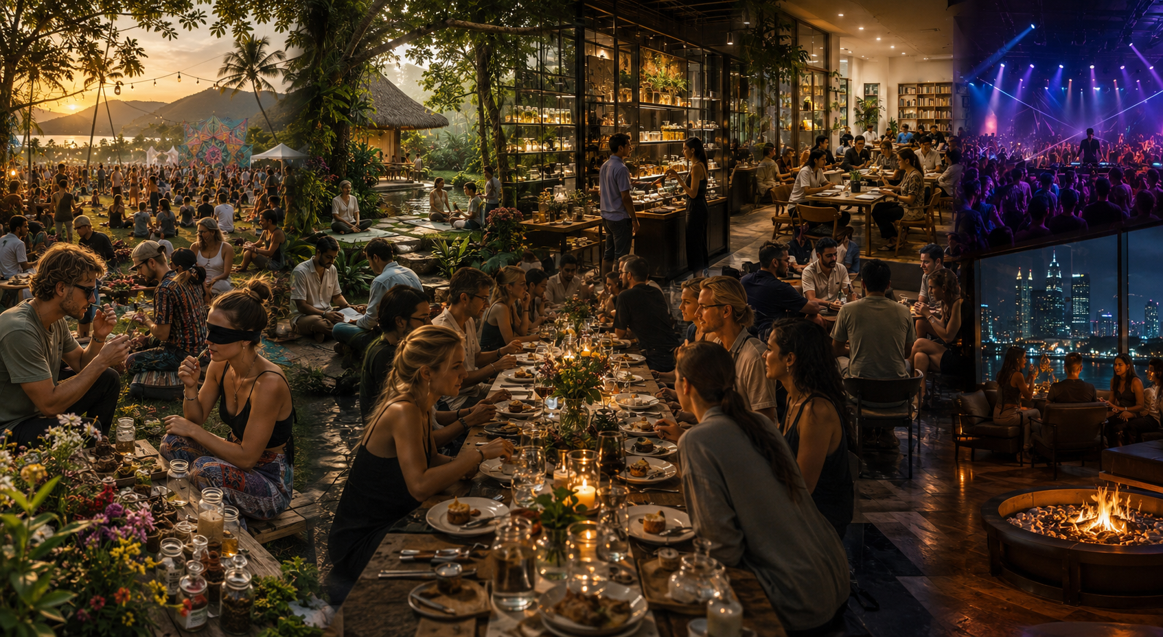 Panoramic ecosystem from transformational gatherings to wellness retreats, hospitality, dispensaries, and nightlife.