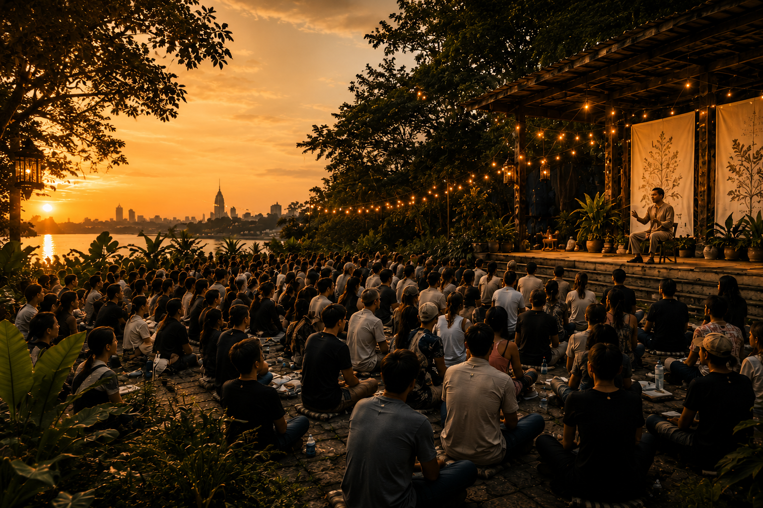 Outdoor sunset masterclass gathering in Thailand — audience seated on the ground facing a teacher beneath a string-lit pavilion, with botanical scroll banners and a city skyline across the water.